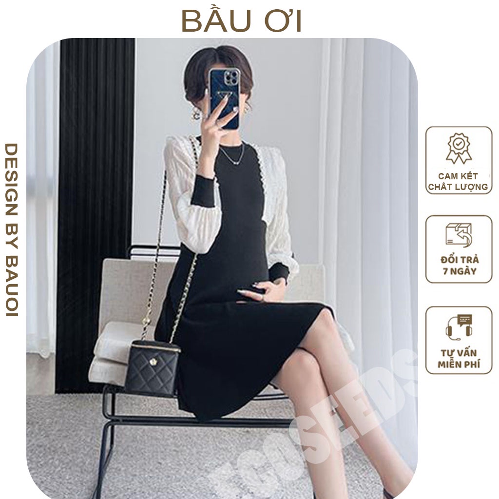 [BAUOII V89] VÁY BẦU LEN DỰ TIỆC TIỂU THƯ ỐNG TAY PHA TRẮNG - ĐẦM BẦU CÔNG SỞ MÙA THU MẶC ĐI LÀM ĐI CHƠI ĐỀU ĐẸP