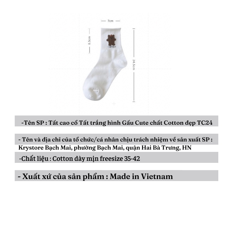 Set 5 đôi tất vớ cổ cao trắng hình Gấu Cute chất Cotton đẹp Krystore TC24