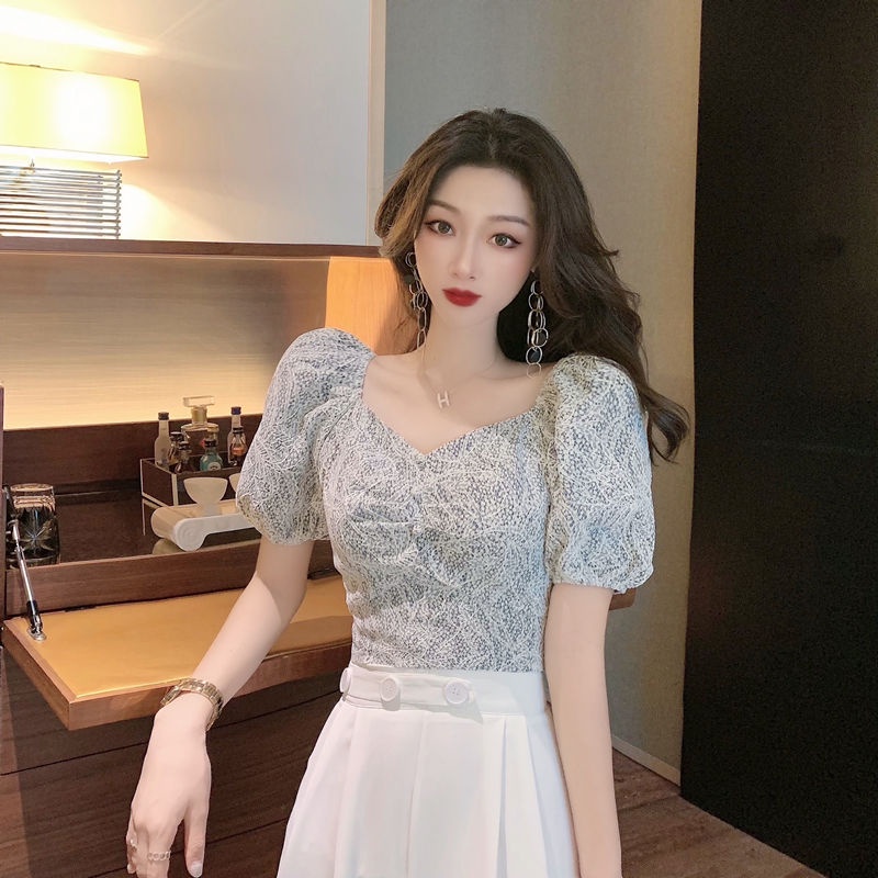 Áo Kiểu Tay Phồng Ngắn Cổ Chữ V Hở Lưng Phong Cách retro Thời Trang Hàn Quốc Cho Nữ