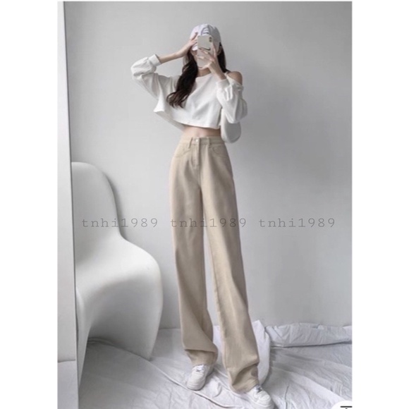 Quần jean ống rộng suông nữ Màu Kem