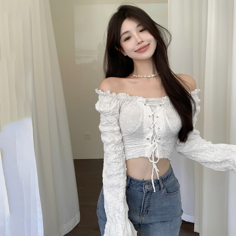 Áo Croptop Trễ Vai Tay Dài Màu Trơn Dáng Ôm Thiết Kế Dây Đan Chéo Thời Trang Hàn Quốc Quyến Rũ Cho Nữ