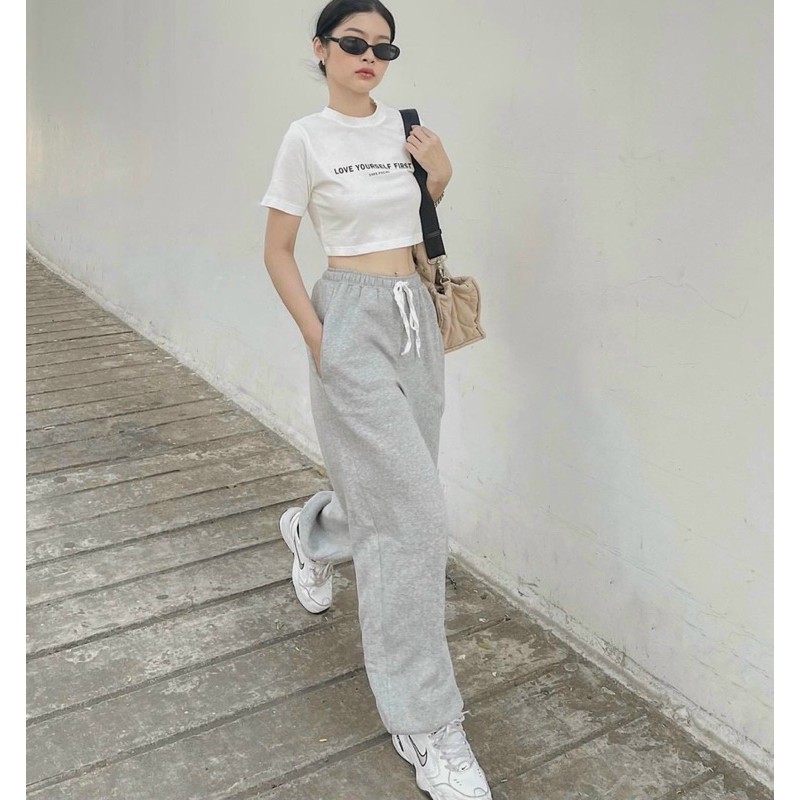 Set thể thao áo croptop ôm tay ngắn + quần jogger nữ dáng rộng ống bo (ảnh thật)