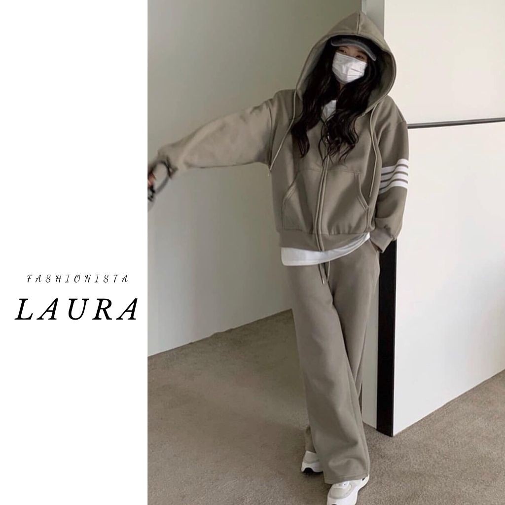Set áo khoác nỉ  có khóa sọc tay dáng rộng kèm quần nỉ jogger Laura Boutique | BigBuy360 - bigbuy360.vn