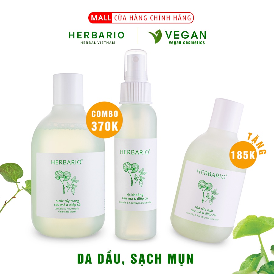 Bộ 3 rau má và diếp cá Herbario chăm sóc da mụn: Nước tẩy trang 300ml + Sữa rửa măt  200ml + Xịt khoáng 100ml