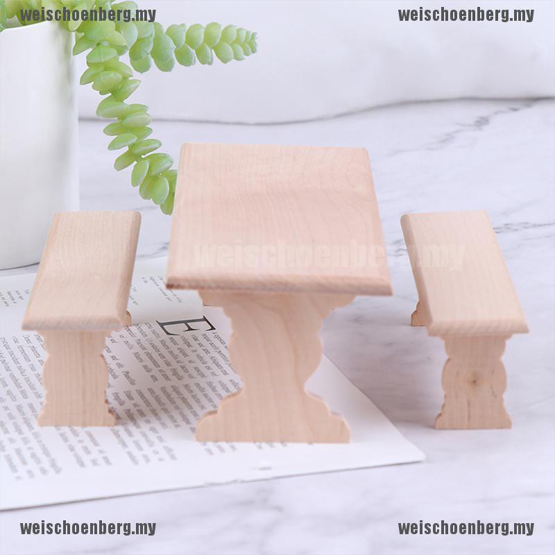 Bộ bàn ăn kèm 2 ghế dài mini bằng gỗ tỉ lệ 1:12 cho nhà búp bê