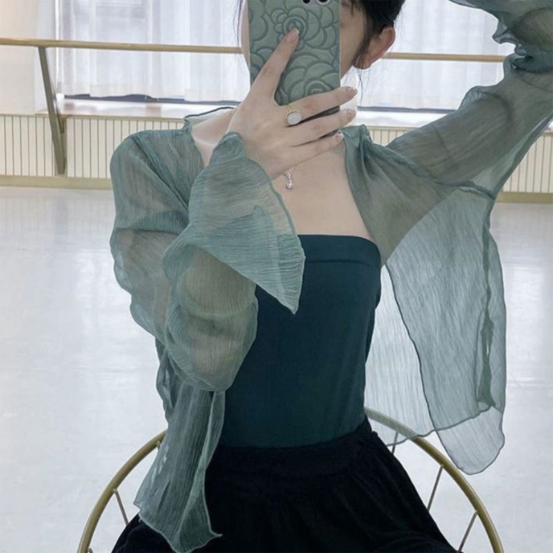 Xiangbao Áo Khoác Cardigan Lụa Lạnh Tay Loe Dài Hở Phía Trước Cho Nữ