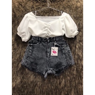 Áo croptop tay phồng 2 màu nhún eo