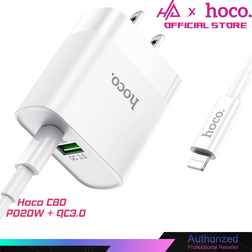 Cốc sạc Hoco C80 PD 20W to iP, 2 cổng sạc USB và Type-C , chuẩn QC3.0, hỗ trợ sạc nhanh 3A, công suất 20W