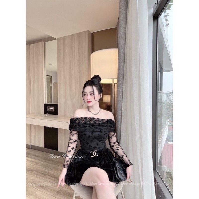 Set áo ren trễ vai + chân váy nhung tầng