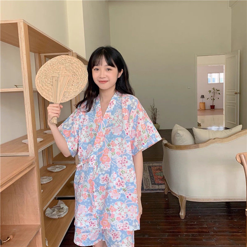Mới Bộ Đồ Ngủ Kiểu Kimono Nhật Bản In Hoa Thiết Kế Ngọt Ngào Cho Nữ