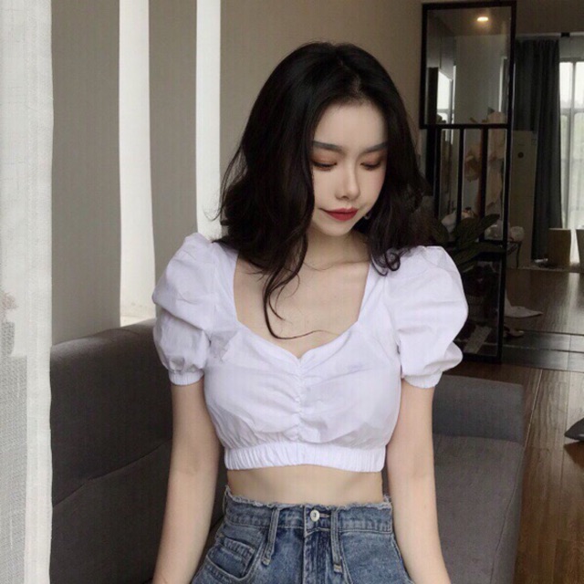 Áo croptop bo eo có chun nhún ở ngực, chất voan đẹp