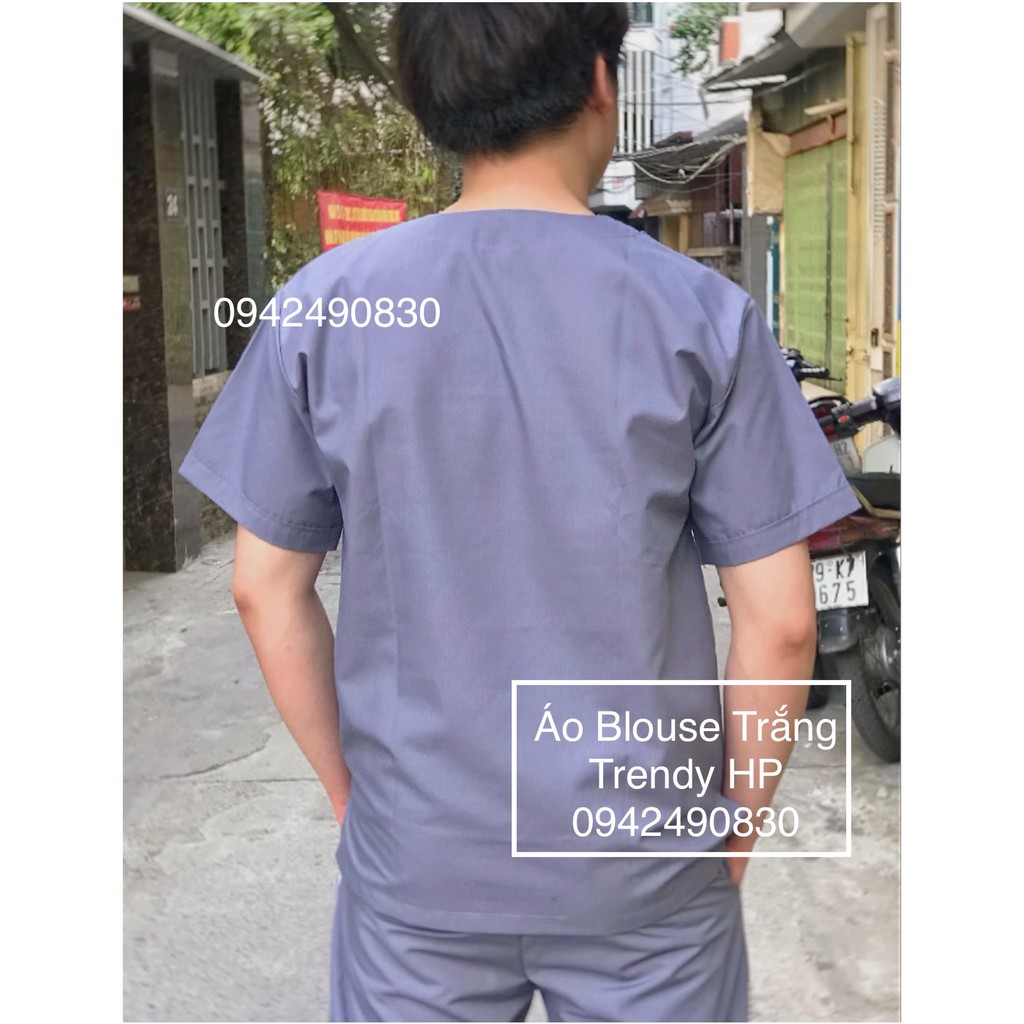 Bộ scrubs nam nữ - bộ quần áo blouse cổ tim nam nữ màu Ghi Xám