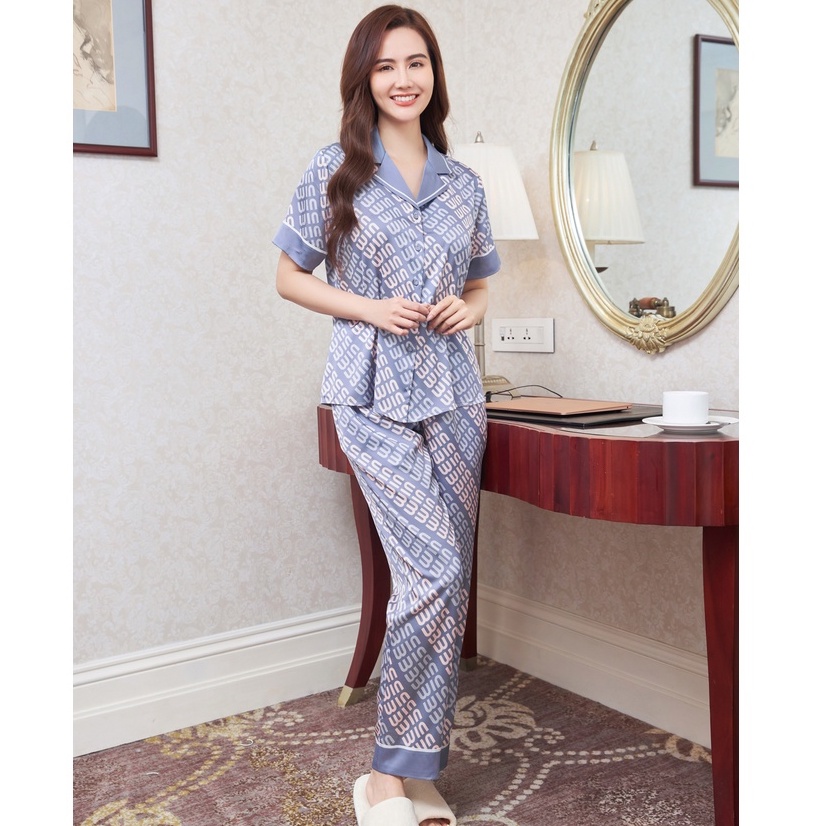 Bộ mặc nhà satin ZAM Luxury - CLA61 - áo ngắn tay quần dài hoạ tiết