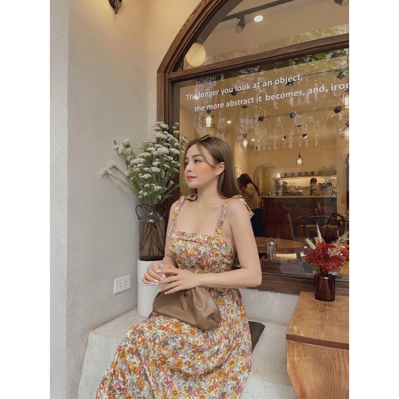 Đầm hoa xinh JANII DRESS trẻ trung dáng maxi dài tiểu thư, Váy hai dây hoa xoè đi biển đi dạo