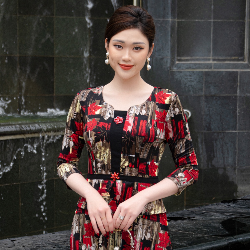 Đầm trung niên sang trọng LYBEE công sở đi tiệc thiết kế che bụng tay lỡ kích thước 45-75kg LV707