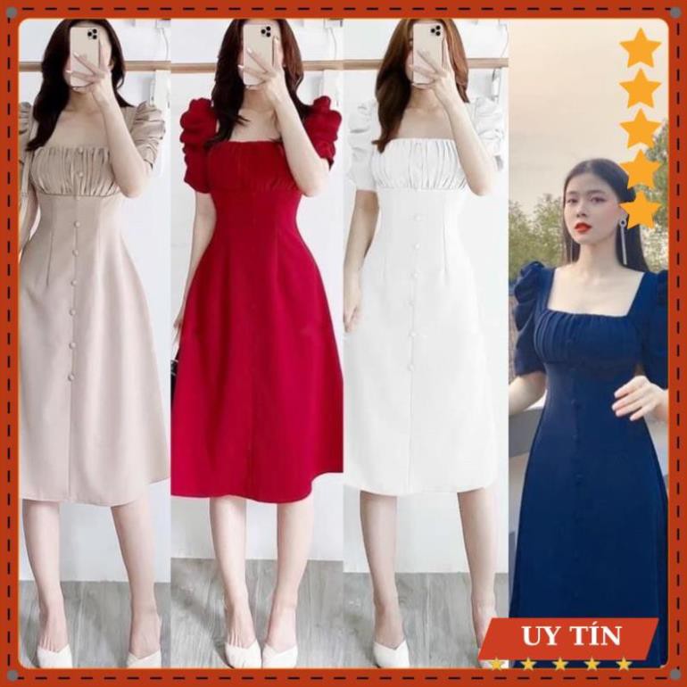 Đầm tay bồng xếp li ngực nút bọc Eva_home_fashion