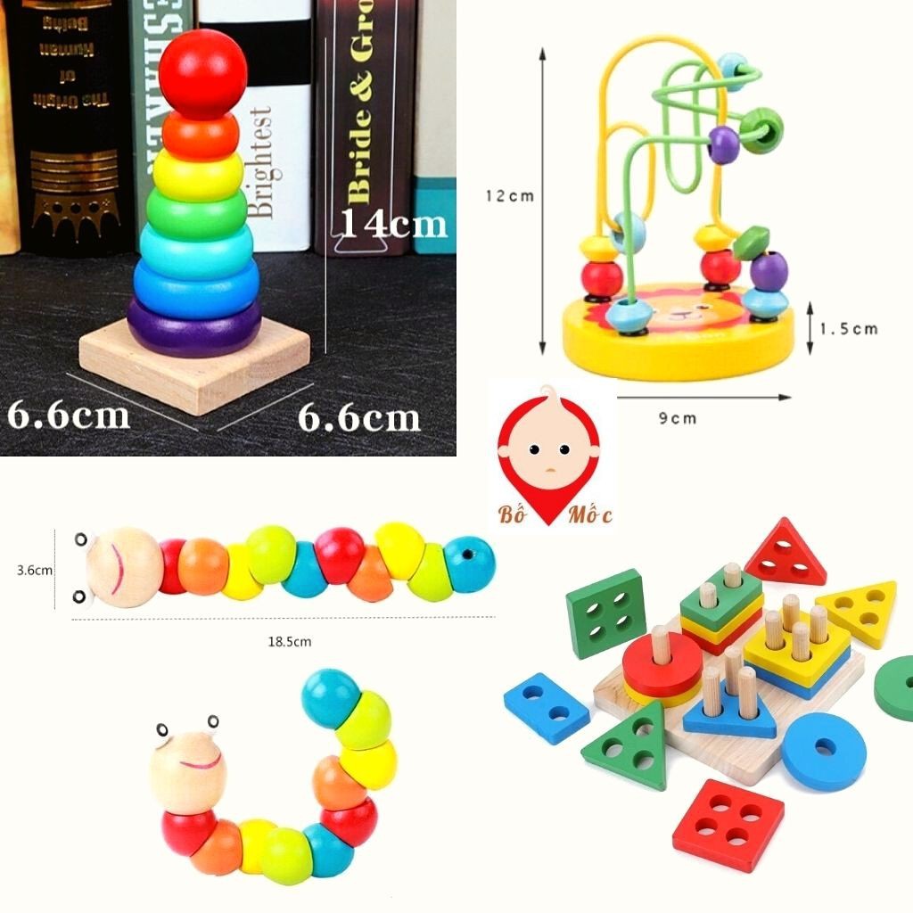 Combo Đồ Chơi Gỗ Giáo Dục Thông Minh -Sâu-Tháp-Luồn Hạt-Hình Khối Cho Bé Phát Triển Trí Não - Shop Bố Mốc