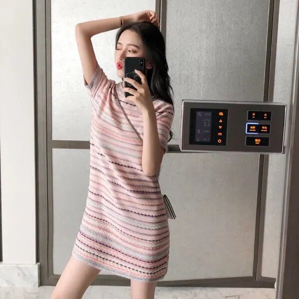 ( Order ) Đầm thun ôm sọc ngang siêu tôn dáng ulzzang / Đầm body co giãn cổ tròn phong cách Hàn Quốc _ Có ảnh thật