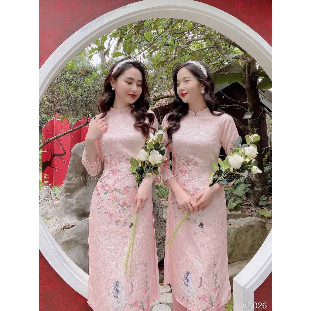 Áo dài dáng ôm KÈM QUẦN, áo dài cách tân TWINS STORE in hoa, chất gấm cao cấp - AD026