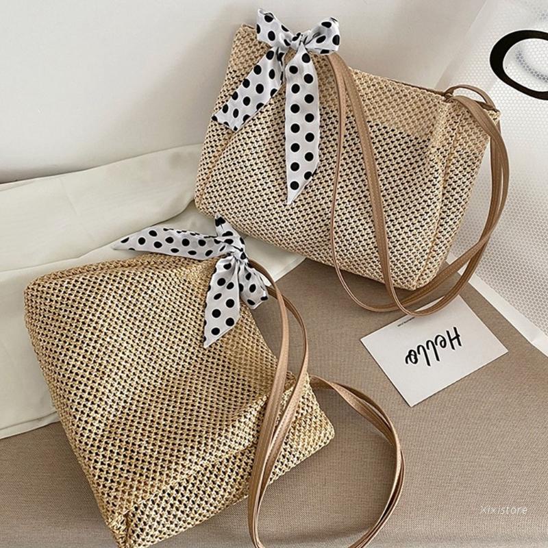 Túi cói xách tay sức chứa lớn thắt dây ruy băng lụa phong cách vintage thời trang dành cho nữ