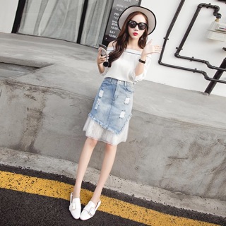 Chân váy bò pha ren (sẵn sz S)