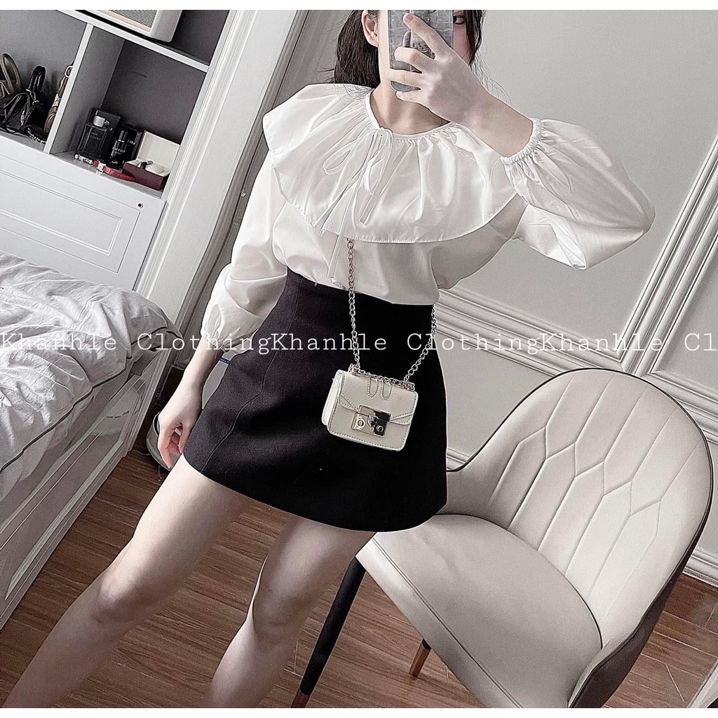 Set chân váy bèo trễ vai thắt nơ cổ chân váy ngắn chữ a DN030