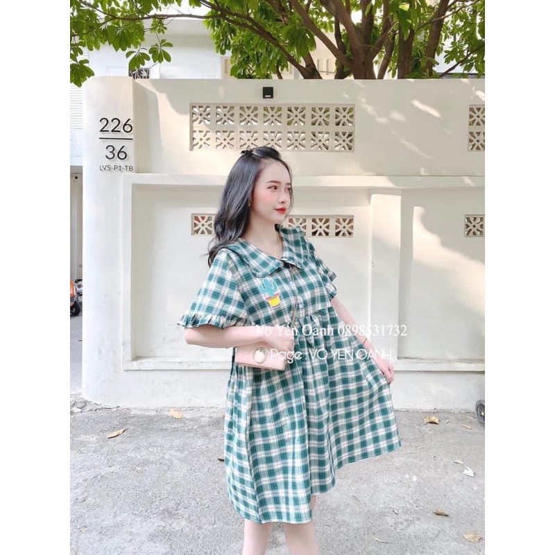 VÁY BABYDOLL KẺ XANH CỔ BÈO THÊU DỨA | BigBuy360 - bigbuy360.vn