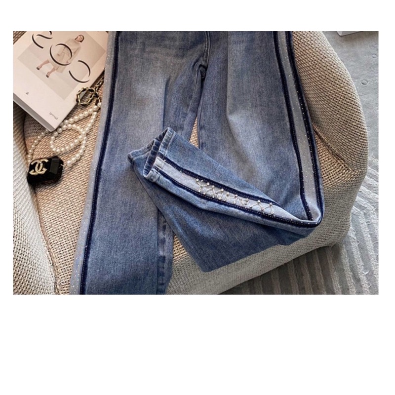 Quần jeans nữ ống rộng, hàng Quảng Châu cao cấp. Quần bò nữ ống rộng lưng cao, thêu hình