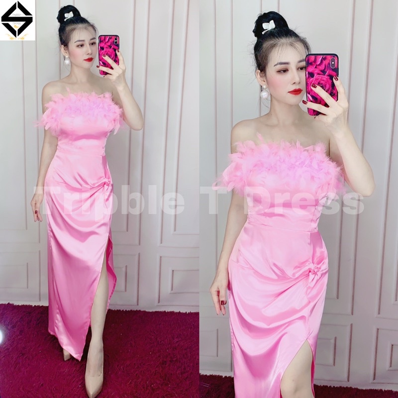 Đầm maxi body cúp lông xẻ đùi siêu xinh TRIPBLE T DRESS - Free size dưới 54kg