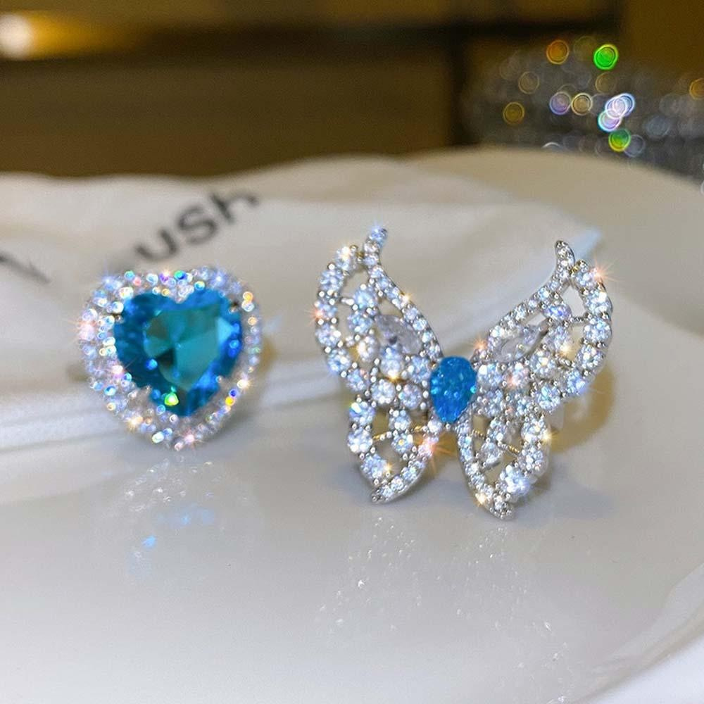 Nhẫn Dạng Mở Hình Bướm Đính Đá Zircon Màu Xanh Dương Bằng Hợp Kim Đơn Giản Có Thể Điều Chỉnh Phong Cách Hàn Quốc
