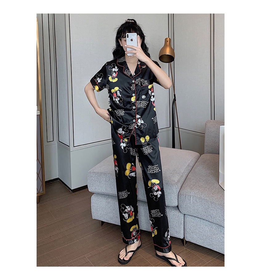 Bộ Đồ Ngủ Lụa Satin In Họa Tiết Chuột Mickey Quyến Rũ Cho Nữ