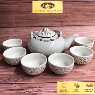 Bộ ấm chén Bát Tràng men rạn màu Trắng dáng Tròn