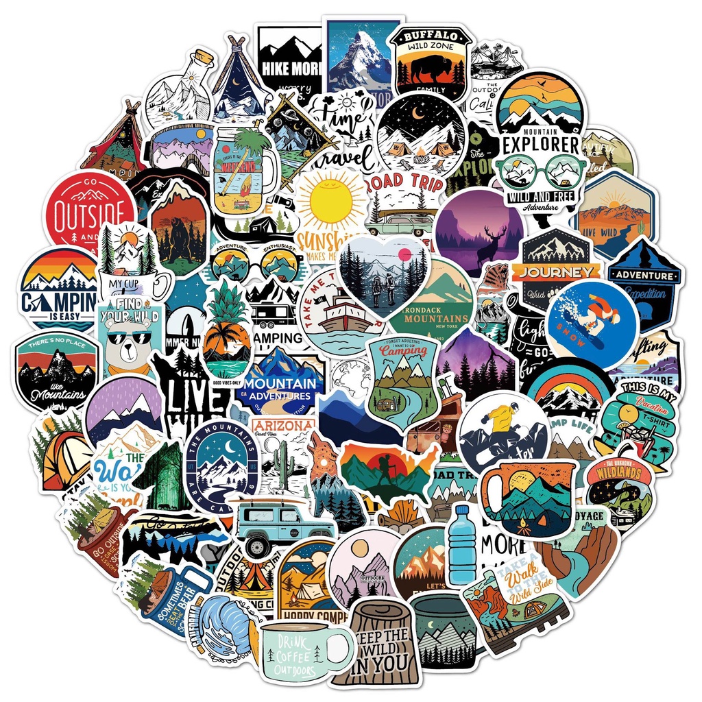 Combo 100 STICKER - chủ đề CAMPING - siêu Cute - keo xịn - chống nước