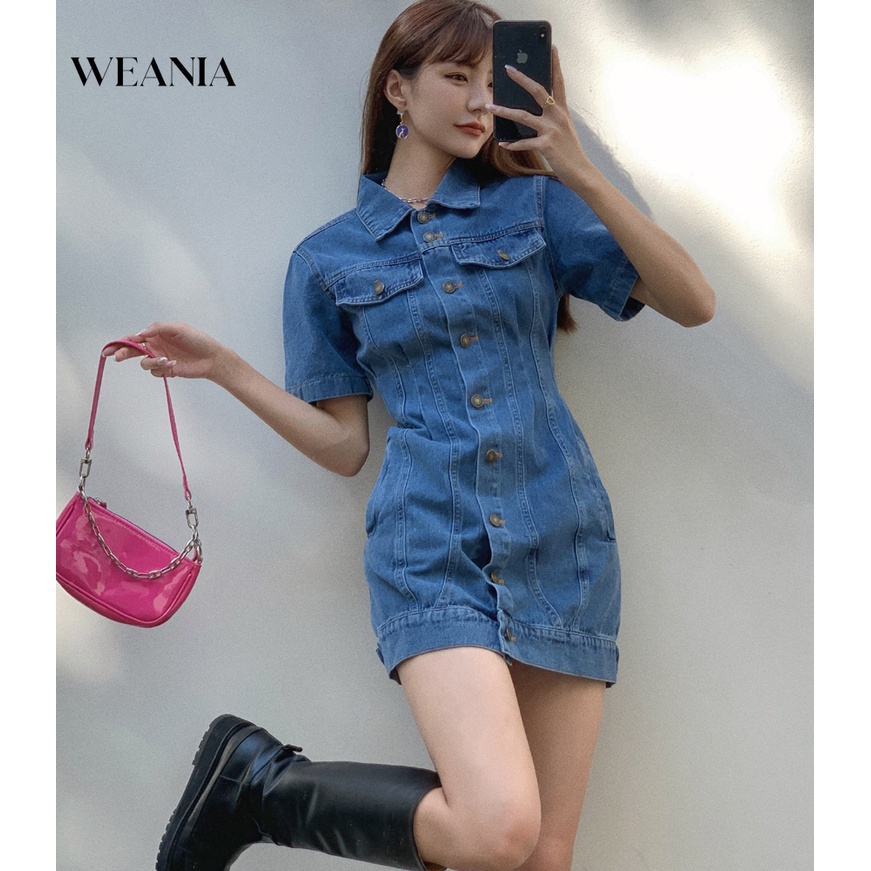 Đầm Denim Ngắn Tay Cổ Polo Phối Nút Thời Trang Dành Cho Nữ