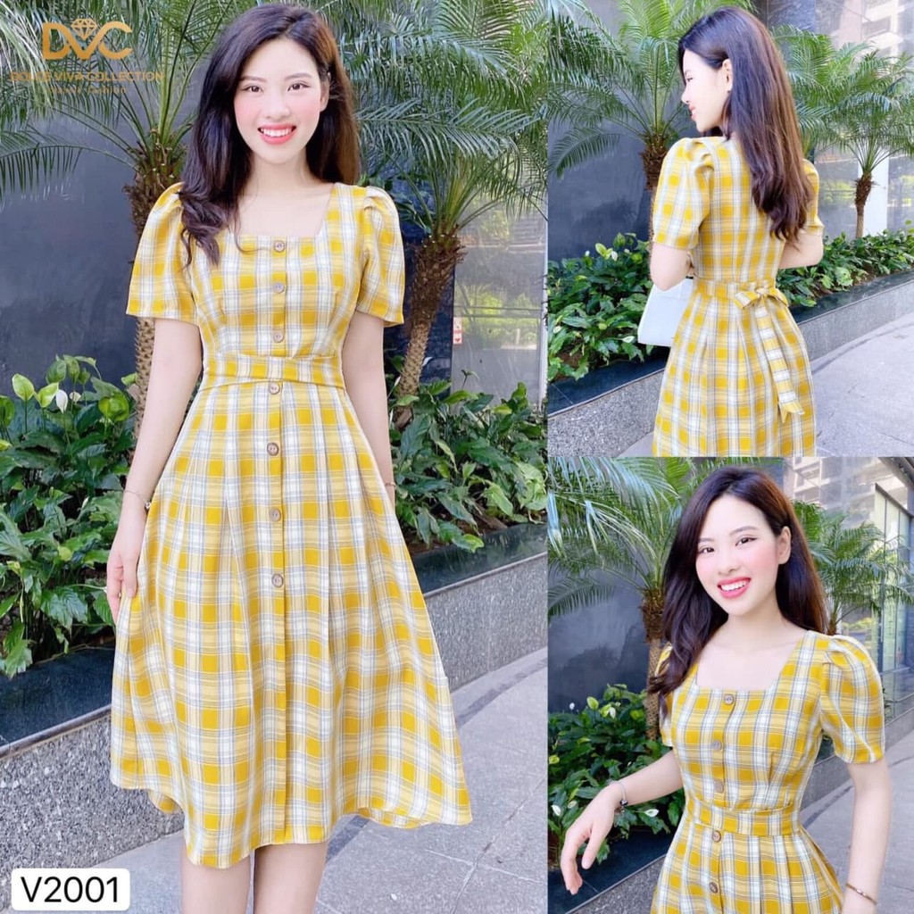 Đầm thiết kế họa tiết kẻ caro kèm đai tự điều chỉnh V2001_Rinny Store [Kèm ảnh thật]
