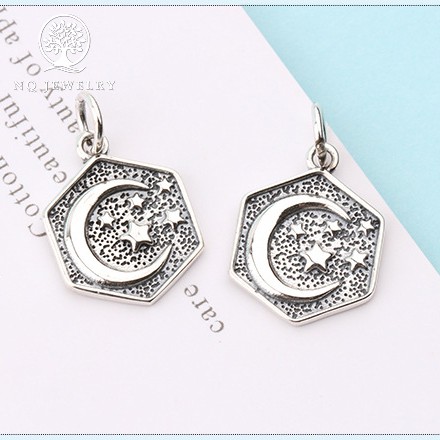 Charm bạc lục giác hình trăng và sao treo - NQ Jewelry