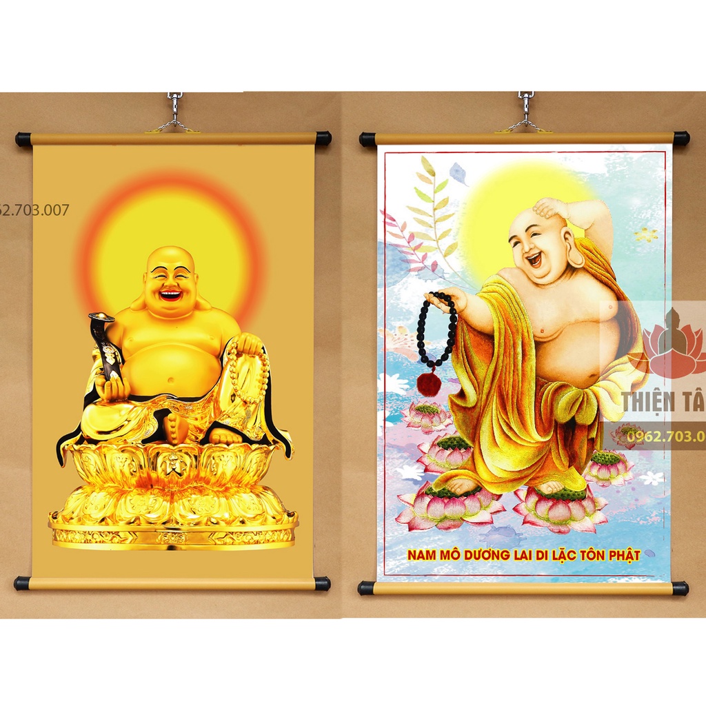 Tranh Phật Di Lặc treo tường 40x60cm bằng vải phủ bóng cao cấp dày dặn