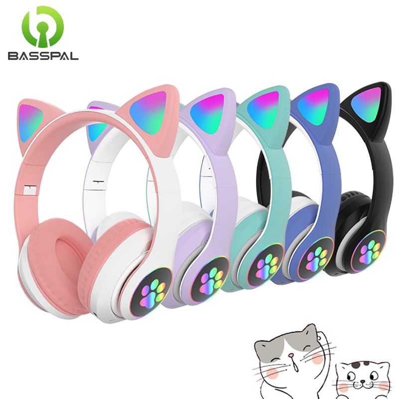 Basspal Bluetooth 5.0 Wireless Headphone with LED Cat Cute Paw Support TF Card