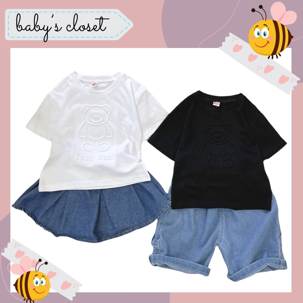 Áo thun ngắn tay gấu dập nổi dễ thương cho bé trai bé gái - BABY'S CLOSET - Áo thun trơn trắng, đen cho bé 1-5 tuổi.