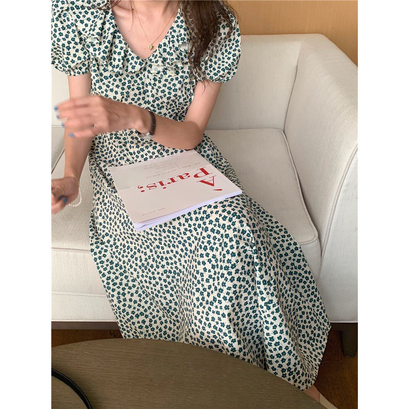 Đầm Hoa Tay Phồng Cổ Chữ V Phong Cách Retro Hàn Quốc 44024