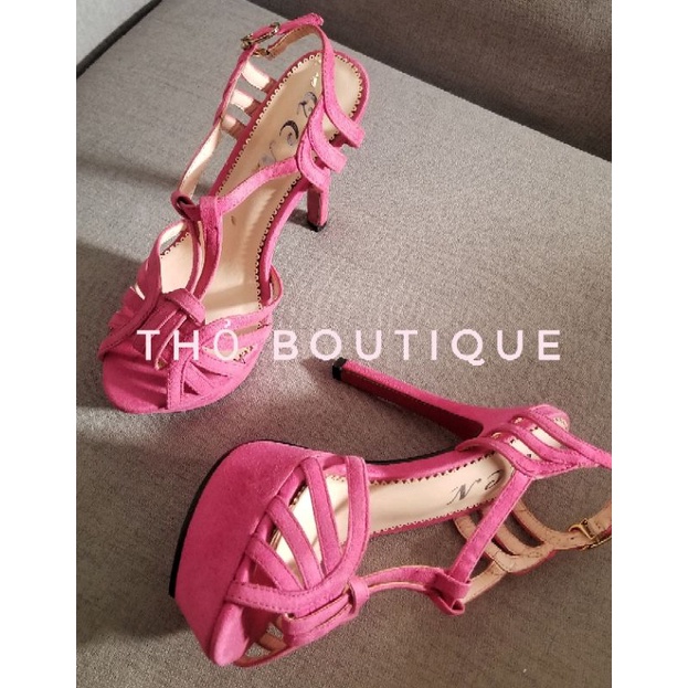 Giày sandal cao gót QCN dây mảnh chéo cách điệu da lộn hồng cánh sen đế kép 12cm size 35-36