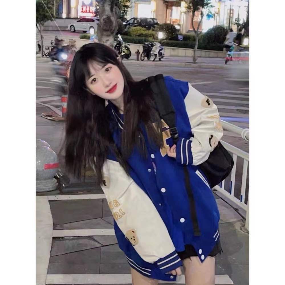 Hàng Có Sẵn Áo Khoác Bóng Chày Clein Màu Xanh Dương Phong Cách Đường Phố Âu Mỹ hiphop Ngoại Cỡ Cho Nữ