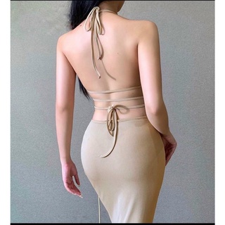 Đầm body gân cổ yếm có mút khoen trước khoét eo dây quấn eo hở lưng sexy MS57
