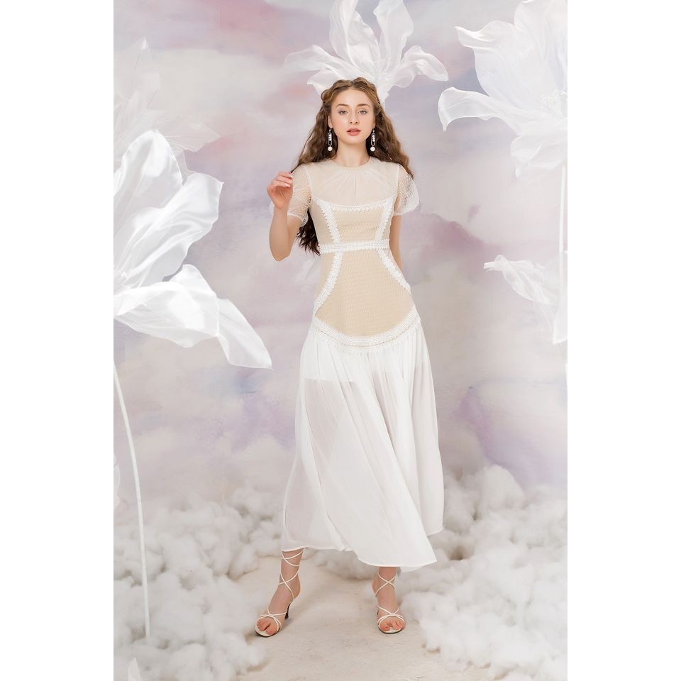 SÒ VINTAGE - LINSAI Đầm maxi ren phối lót kem cổ tròn tay lưới phồng | BigBuy360 - bigbuy360.vn