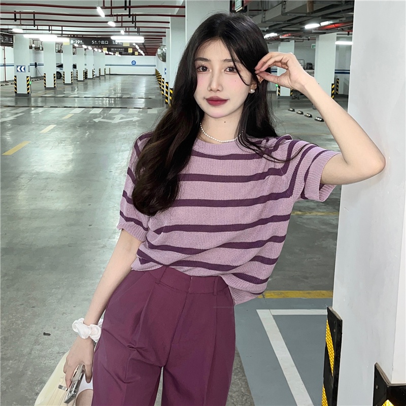 Áo kiểu ZHELIHANGFEI dệt kim tay ngắn cổ tròn dáng rộng kẻ sọc ngang trẻ trung hợp thời trang