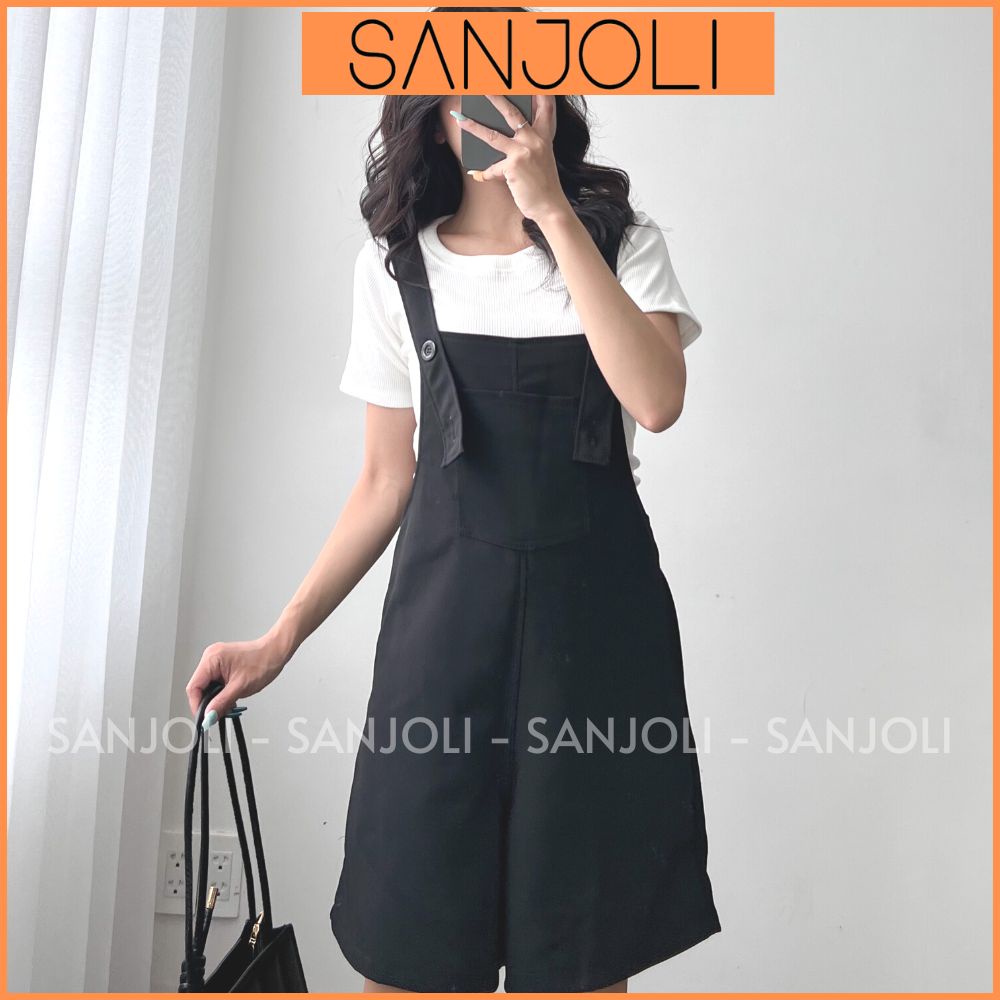 Quần Short Nữ SANJOLI Yếm Quần Ngắn Form Rộng Dây Đeo Có Thể Điều Chỉnh Vải Cotton Có Túi Vintage Màu Nâu Đen QD005