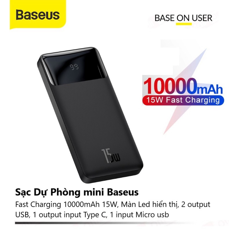 Sạc Dự Phòng mini Baseus 15W/20W Fast Charging 10000mAh, có đèn Led hiển thị, USB PD QC For iPhone 12 11 Samsung Xiaomi