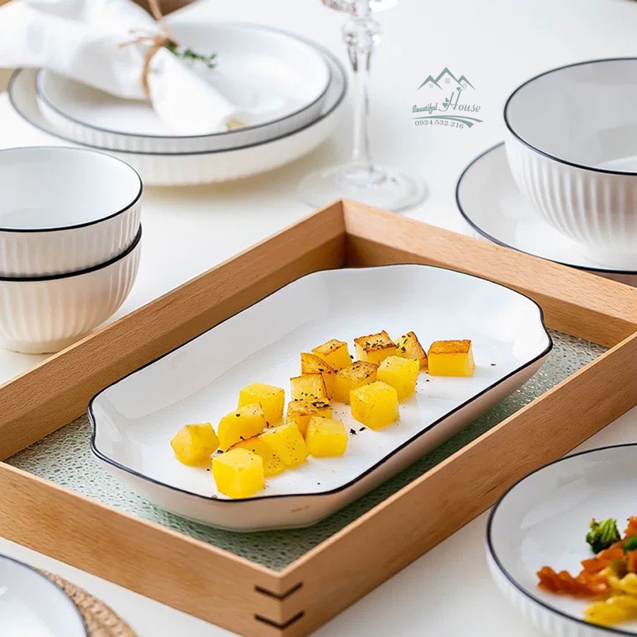 Bộ Bát Đĩa Gốm Sứ Cao Cấp Sứ Trắng Bo Viền - Mẫu 2