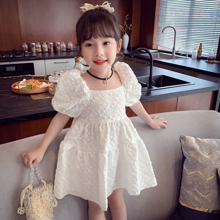 Cô Gái Ăn Mặc Mùa Hè2021Mới Trẻ Em Hàn Quốc Phong Cách Công Chúa Màu Đỏ Tay Áo Phồng Bé Gái Vá0
