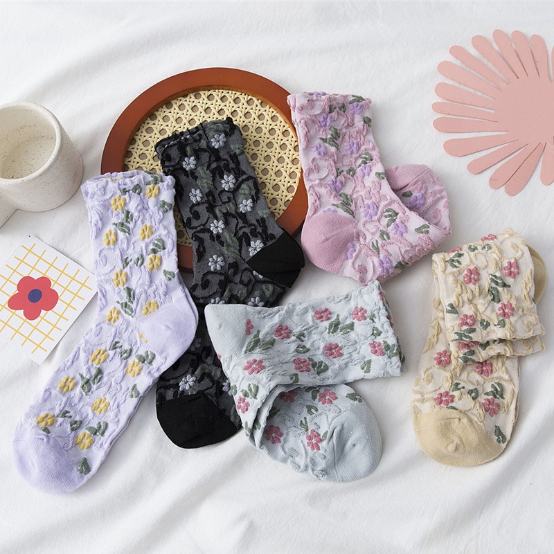 Vớ WAFNHA D243 ống cao vừa in hoa phong cách Hàn Quốc mới cho nữ